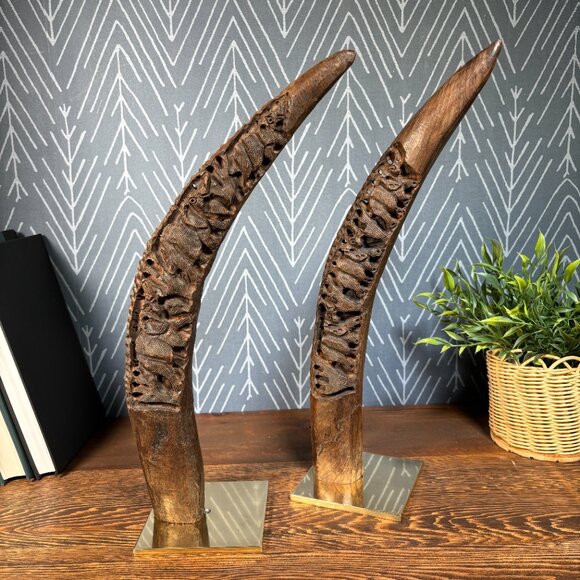 Vintage Hand Carved Wood Elephant Tusk Bookends or Sculptures on Brass Bases - Picture 4 of 17